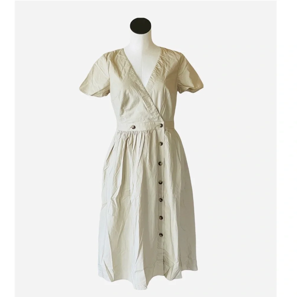 NWOT J.CREW BUTTON FRONT POPLIN KHAKI WRAP MIDI DRESS